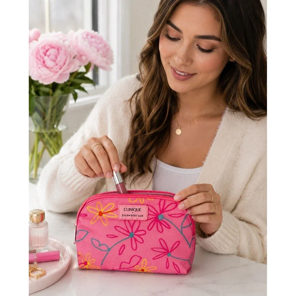 Clinique X Drawbertson Pink Floral Makeup Bag Zipper Cosmetic Pouch Travel NEW